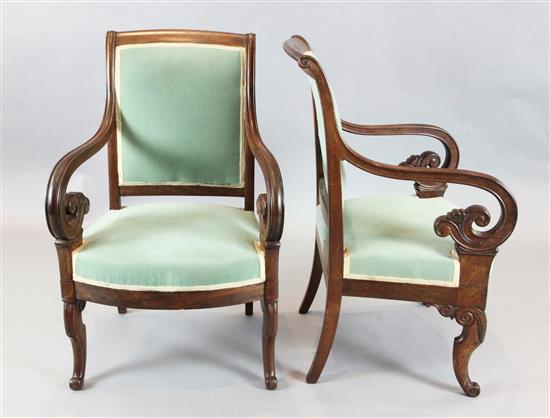 A pair of French Empire style mahogany armchairs, stamped Bouchard, H.3ft